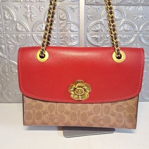 Coach 30585 Parker Signature Leather Shoulder Bag Tea Rose Flower Turn Lock